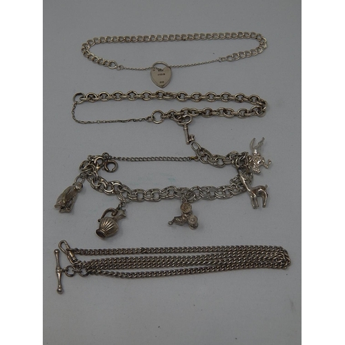 380 - 3 x Silver Bracelet together with a Silver Pocket Watch Chain