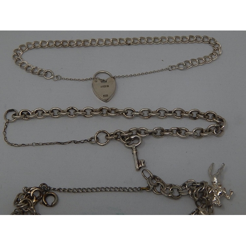 380 - 3 x Silver Bracelet together with a Silver Pocket Watch Chain