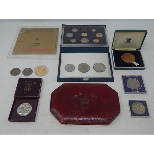 249D - 1902 Specimen Coin Case: 1983 Proof Set, B&H Proof Set 1983, Fred Perry Wimbledon Medallion, 1951 Cr... 