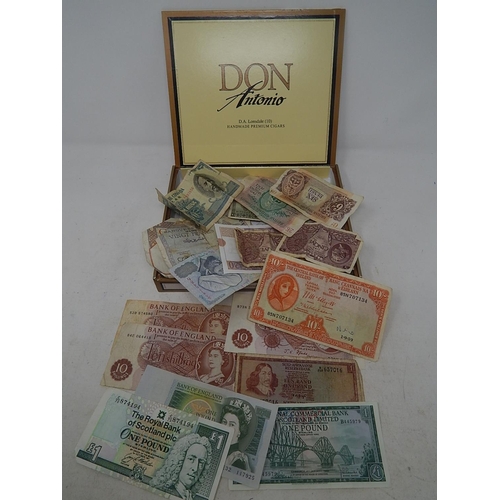 24 - Cigar Box full of banknotes inc Irish 10/- 1959 etc
