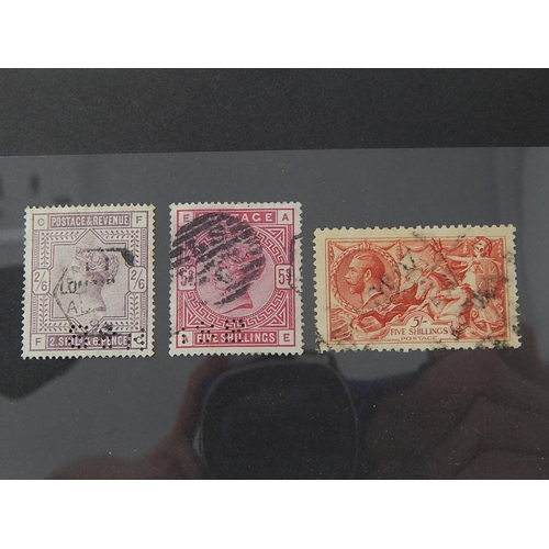37 - Queen Victoria Stamps:  Halfcrown Purple, Five Shillings Red; George V Seahorse Five Shillings Red a... 