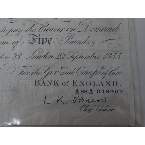 60 - GB Bank of England White Five Pound note dated 23 September 1955