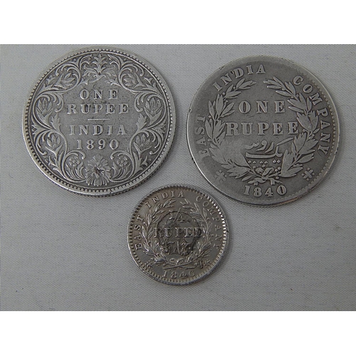 67 - Victoria India Silver Rupees 1840, 1890; Quarter Rupee 1840