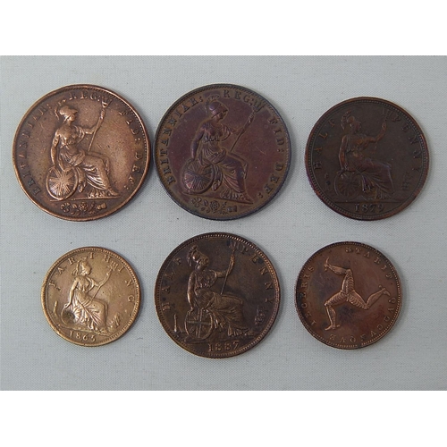 76 - Small collection of early Copper coinage: Isle of Man Farthing 1839; Victoria Farthing 1865; Victori... 