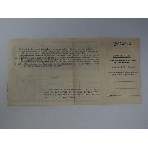 85 - A George V Six Pence Postal Order stamped February 5 1913 Spencer's Wood, Reading Rare