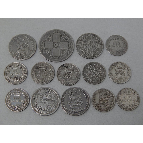 90 - Victoria Gothic Florin 1872;  George III Silver Shilling 1819; George IV Silver Shilling 1826; Victo... 