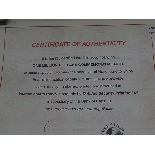 118 - One Million Dollars Handover of Hong Kong Commemorative Banknote with Moneyworld certificate of auth... 