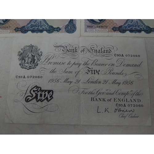 137 - Bank of England White £5 Note dated 1956; J S Fforde Ten Pound Note; 2 x L K O'Brien 