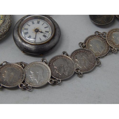 142 - A hallmarked Silver Nurses Two Piece Buckle; 2 x Silver Threepence bracelets; a Silver Threepence br... 