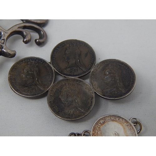 142 - A hallmarked Silver Nurses Two Piece Buckle; 2 x Silver Threepence bracelets; a Silver Threepence br... 