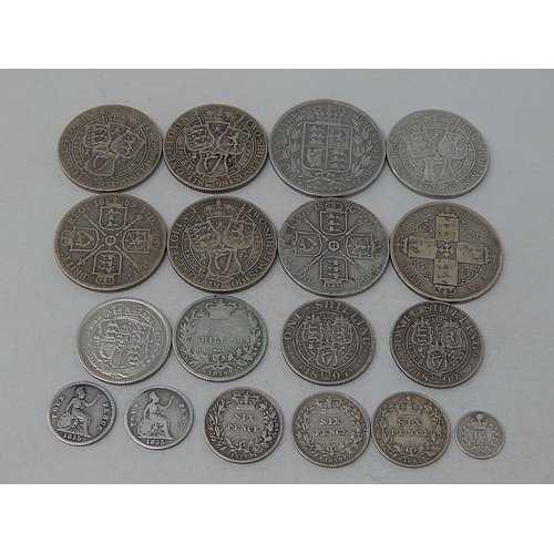 146 - Victoria Silver Three-halfpence 1839; Groats 1855(2); Sixpences 1877, 1879, 1893; Shillings George I... 