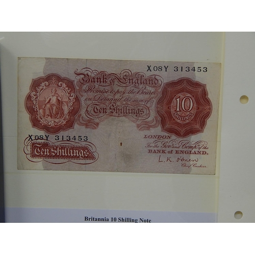 151 - A Britannia Ten Shilling note on collectors page; Series A £1 Britannia Green on collectors page, Se... 