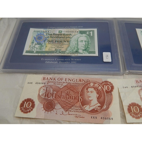 151 - A Britannia Ten Shilling note on collectors page; Series A £1 Britannia Green on collectors page, Se... 