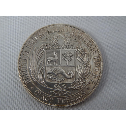 163 - Peru Lima Silverv 5 Pesetas 1880 about as struck, scarce this choice