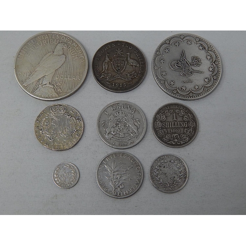 164 - USA Liberty Peace Silver Dollar 1922, Norway 1 Krone 1898; France 1 Franc Silver 1916; 5 Cents 1879;... 