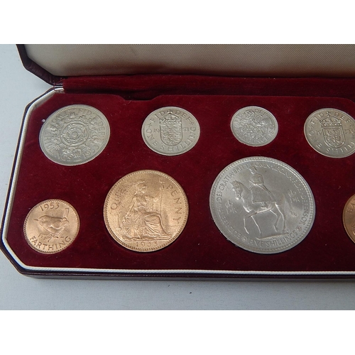 192 - A 1953 10-coin Specimen set from Crown to Farthing housed in crested Royal Mint plush red leather ca... 