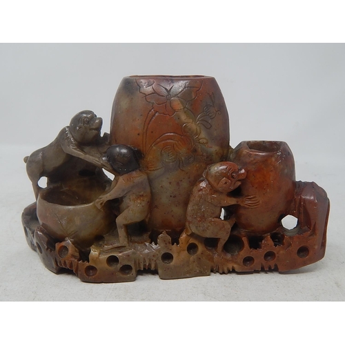 805 - Oriental Soapstone Brush Holder: Measures 18cm wide