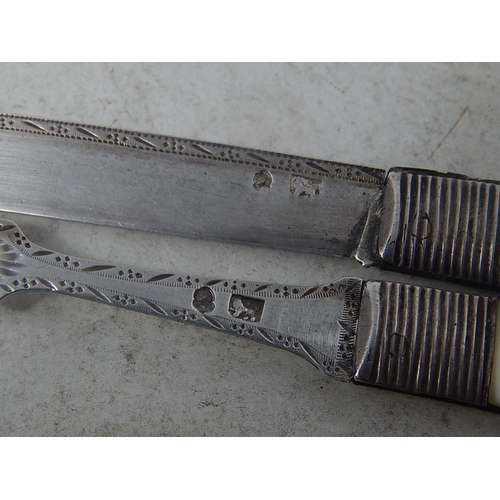 806 - A Georgian Silver Bladed & Mother of Pearl Hafted Folding Fruit Knife & Fork Within Original Fitted ... 