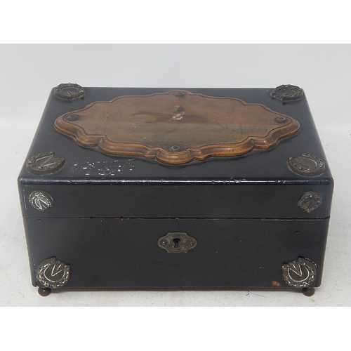 808 - Georgian Wooden Jewellery Box: The Top with painted horse and the exterior with cast metal horseshoe... 