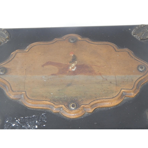 808 - Georgian Wooden Jewellery Box: The Top with painted horse and the exterior with cast metal horseshoe... 