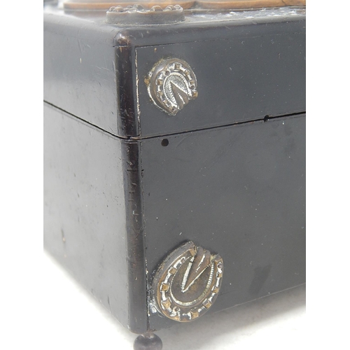 808 - Georgian Wooden Jewellery Box: The Top with painted horse and the exterior with cast metal horseshoe... 