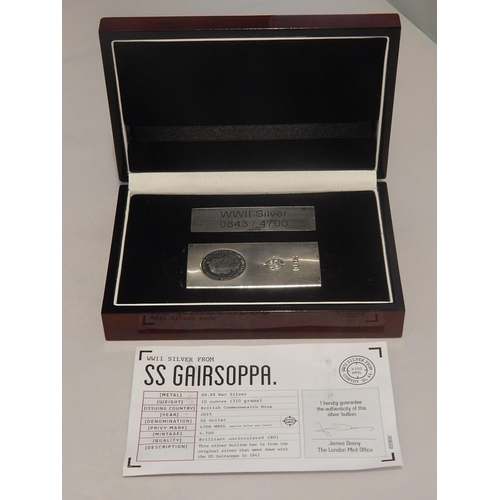 363J - SS GAIRSOPPA: Sunk 1941: This 10oz Ingot Made From The Salvaged WWII Silver No 0843/4700: In Fitted ... 