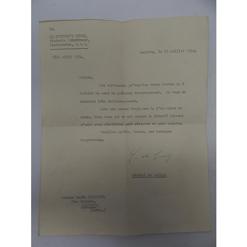 312 - Charles de Gaulle (1890-1970) WWII Signed Letter From General de Gaulle: Dated  15th July 1940

De G... 