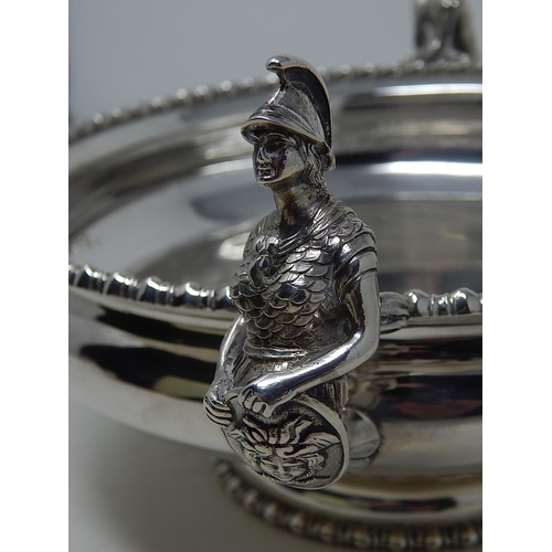 249 - Heavy Silver Table Centre Piece with Cast & Applied Silver Roman Figural Handles Sitting on a Pedest... 