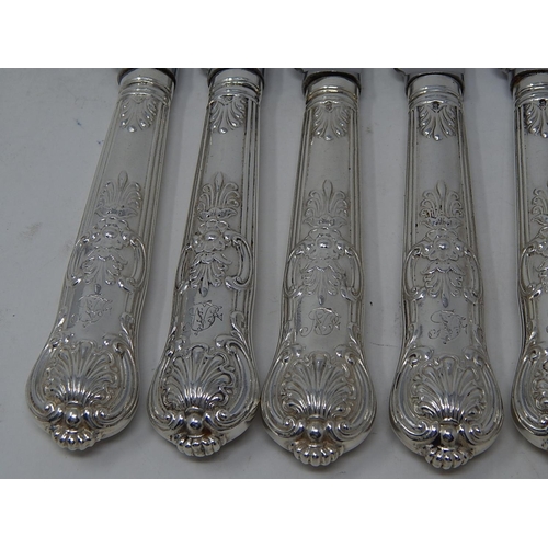 255 - Set of 6 Victorian Silver Handled Kings Pattern Dinner Knives: Hallmarked London 1861 by George Adam... 