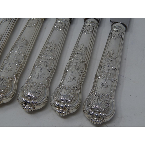 255 - Set of 6 Victorian Silver Handled Kings Pattern Dinner Knives: Hallmarked London 1861 by George Adam... 