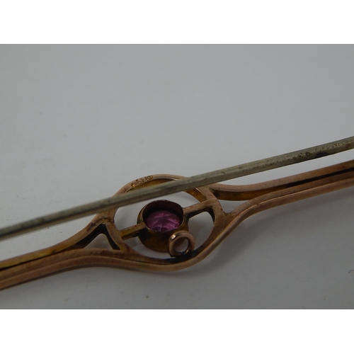 245 - Edwardian 9ct Gold Aesthetic Bar Brooch c.1905 Inset With a Ruby.