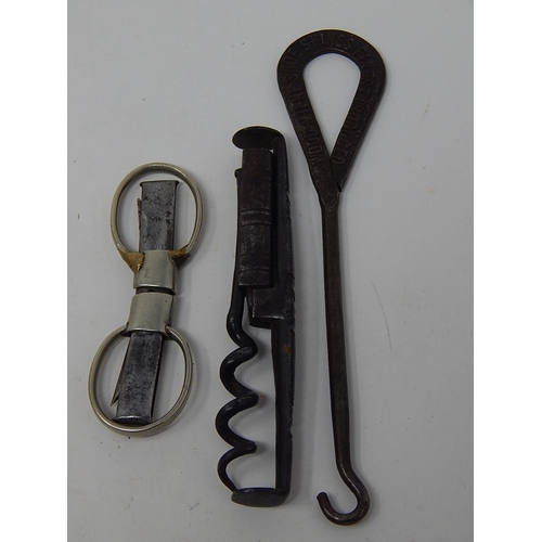 291 - George III Folding Steel Travelling Corkscrew together with a C19th Steel Boot Hook & an Unusual Pai... 