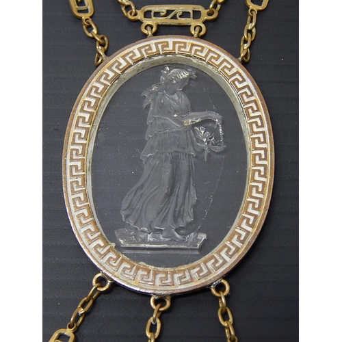 295 - Victorian Gilt Metal Necklace Containing a Rock Crystal Panel 4cm x 3cm Depicting a Classical Lady