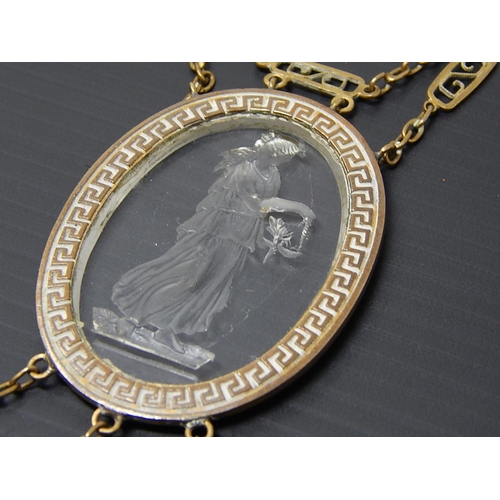 295 - Victorian Gilt Metal Necklace Containing a Rock Crystal Panel 4cm x 3cm Depicting a Classical Lady