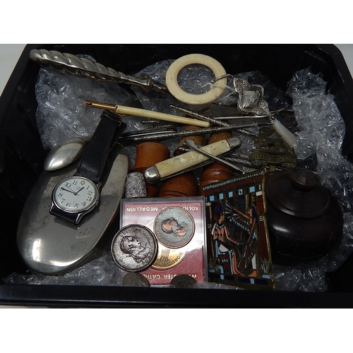 199 - Box Containing a Quantity of White Metal, Penknives, Coins & Treen etc