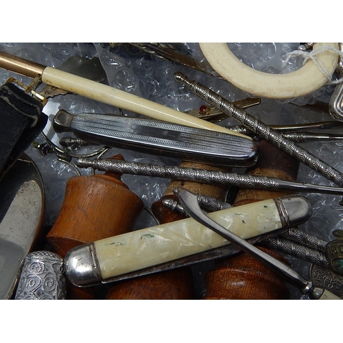 199 - Box Containing a Quantity of White Metal, Penknives, Coins & Treen etc