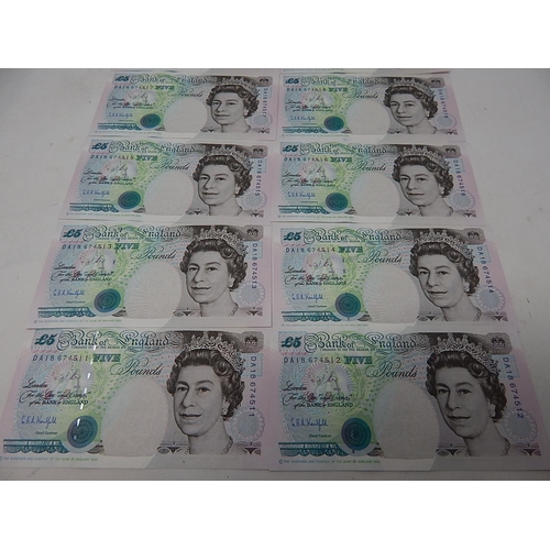 91 - 10 x Kentfield Uncirculated £5 Notes: Consequential Numbers: DA18 674511 - DA18 674520