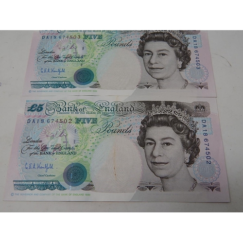 92 - 3 x Kentfield Uncirculated £5 Notes: Consequential Numbers: DA18 674502 - DA18 674504