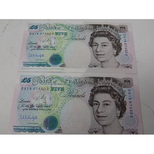 92 - 3 x Kentfield Uncirculated £5 Notes: Consequential Numbers: DA18 674502 - DA18 674504