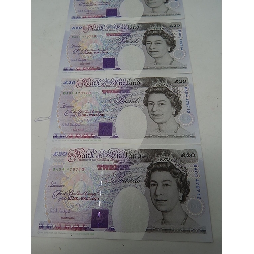 95 - 5 x Kentfield Uncirculated £20 Notes: Consequential Numbers: BA04 479712 - BA04 479716