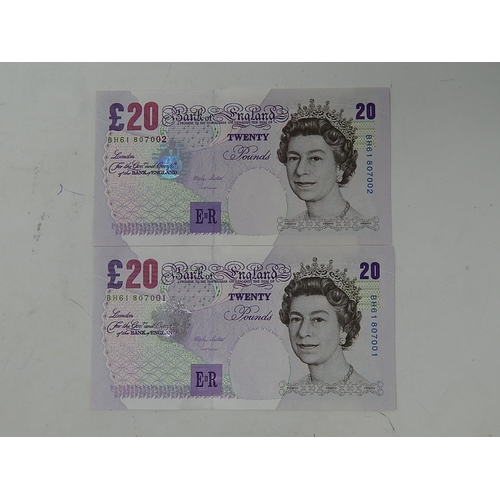 97 - 2 x Lowther Uncirculated £20 Notes: Consequential Numbers: BH61 807001 - BH61 807002