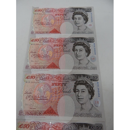 99 - 5 x Bailey Uncirculated £50 Notes: Consequential Numbers: MI5 268492 - MI5 268496