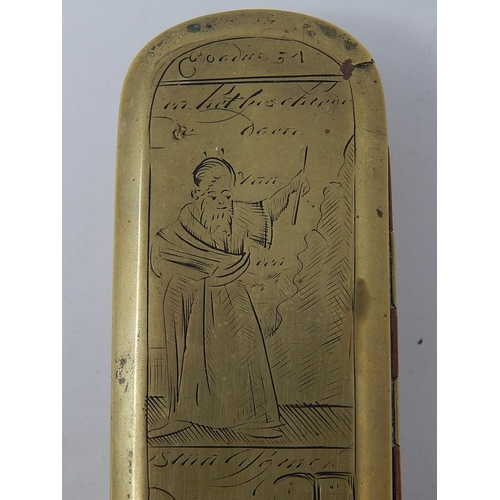 326 - Dutch brass & copper tobacco box dated 1775 with scriptural images & script.
L155mm x W45 x ... 