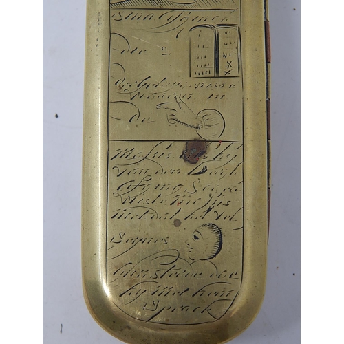 326 - Dutch brass & copper tobacco box dated 1775 with scriptural images & script.
L155mm x W45 x ... 