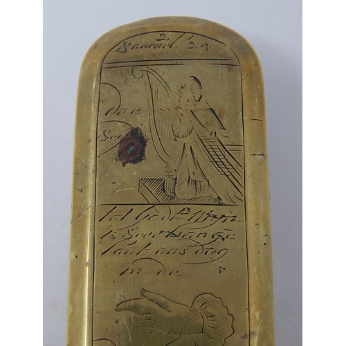 326 - Dutch brass & copper tobacco box dated 1775 with scriptural images & script.
L155mm x W45 x ... 