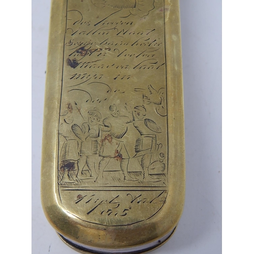 326 - Dutch brass & copper tobacco box dated 1775 with scriptural images & script.
L155mm x W45 x ... 