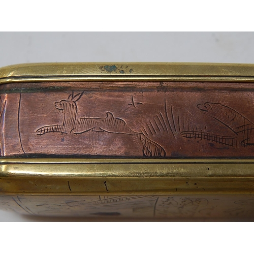 326 - Dutch brass & copper tobacco box dated 1775 with scriptural images & script.
L155mm x W45 x ... 