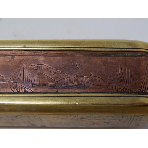 326 - Dutch brass & copper tobacco box dated 1775 with scriptural images & script.
L155mm x W45 x ... 