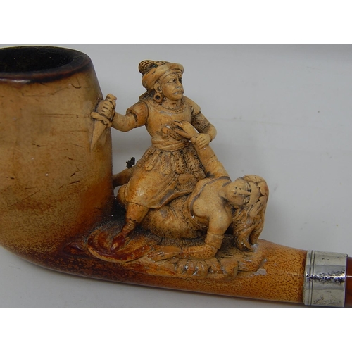 328 - Meerschaum Pipe depicting Moor attacking a Christian woman.
Amber mouthpiece
L120mm