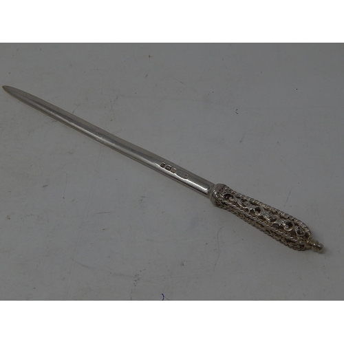 190 - Silver Paper Knife with Ornate Pierced Handle: Hallmarked Birmingham 1991 by Harrison Brothers & How... 